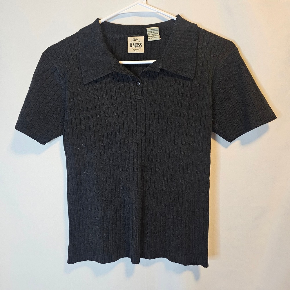 B. Moss Cable Knit Polo Sweater Women Large Black 90s Vintage Dark Academia VTG